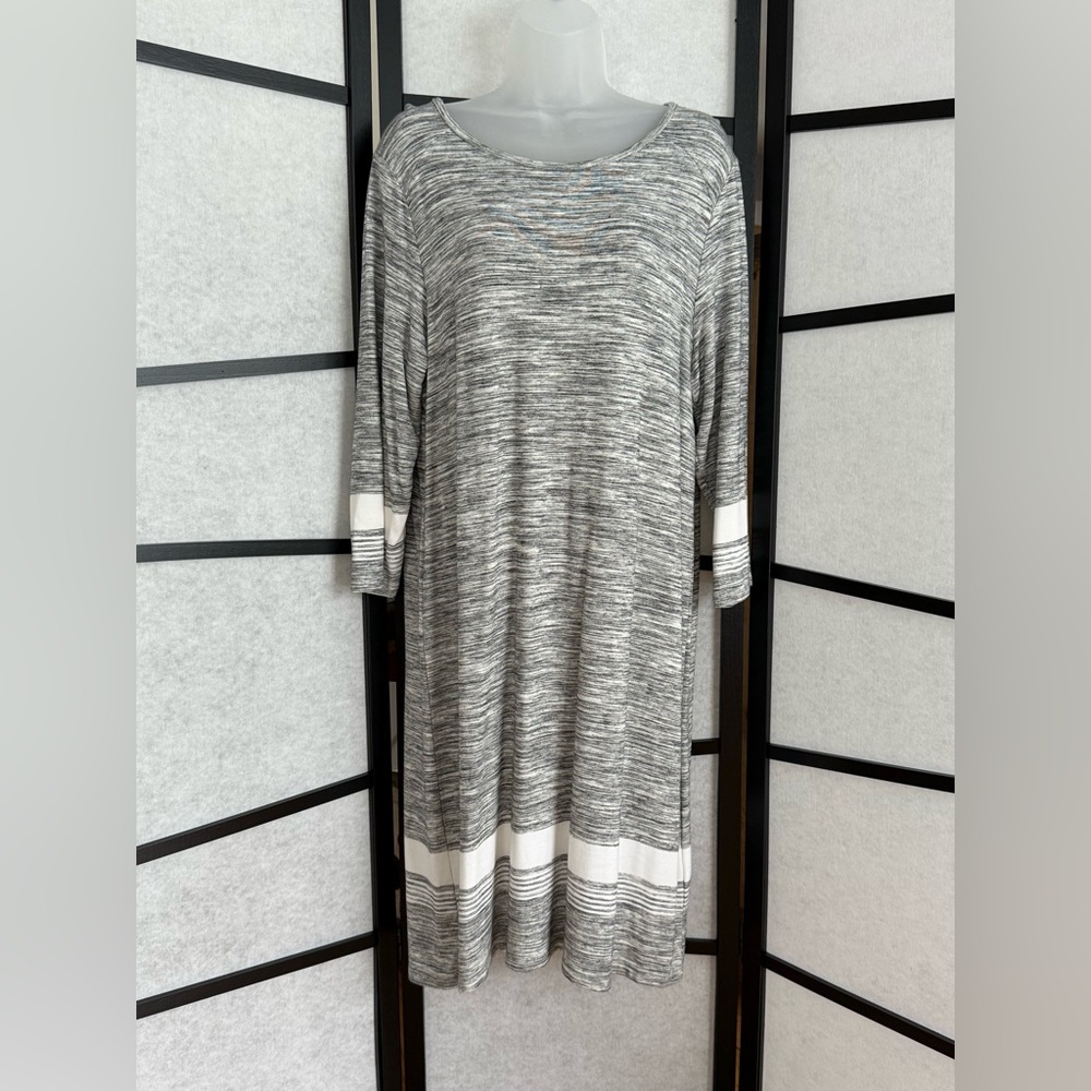 Hilary Radley Dress ~ SUPER SOFT ~ Black/Grey/Winter White stripes 3/4 Sleeve XL